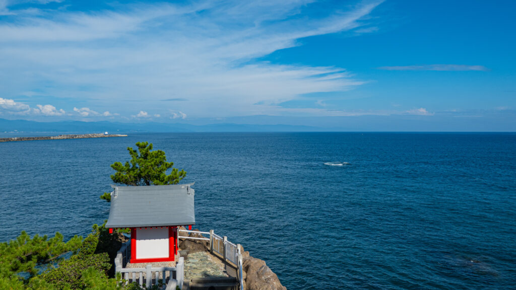 桂浜龍王岬の上部から海津見神社の拝殿を眺める