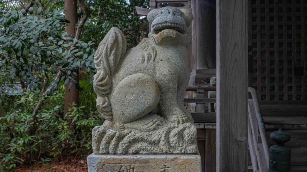 石川県かほく市の賀茂神社の旧本殿の左側の狛犬です。